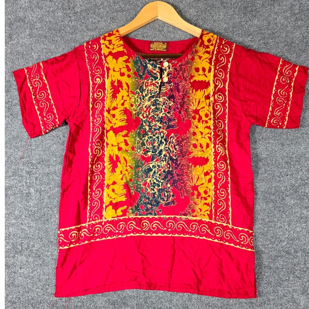 Batik Kahyangan Red Floral Print Rayon Button Up Short Sleeve Top Women's Sz M?‎
